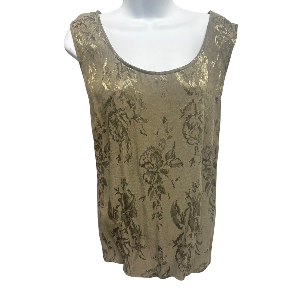 Spencer Alexis Womens 2X Metallic Floral Jacquard Tank Top Olive Gold USA VTG